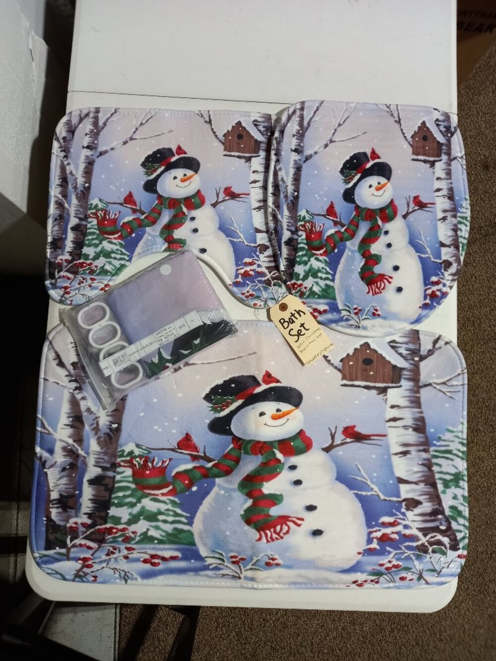 Snowman in Forest Shower Curtain w/Rings & Bathroom Rugs Set